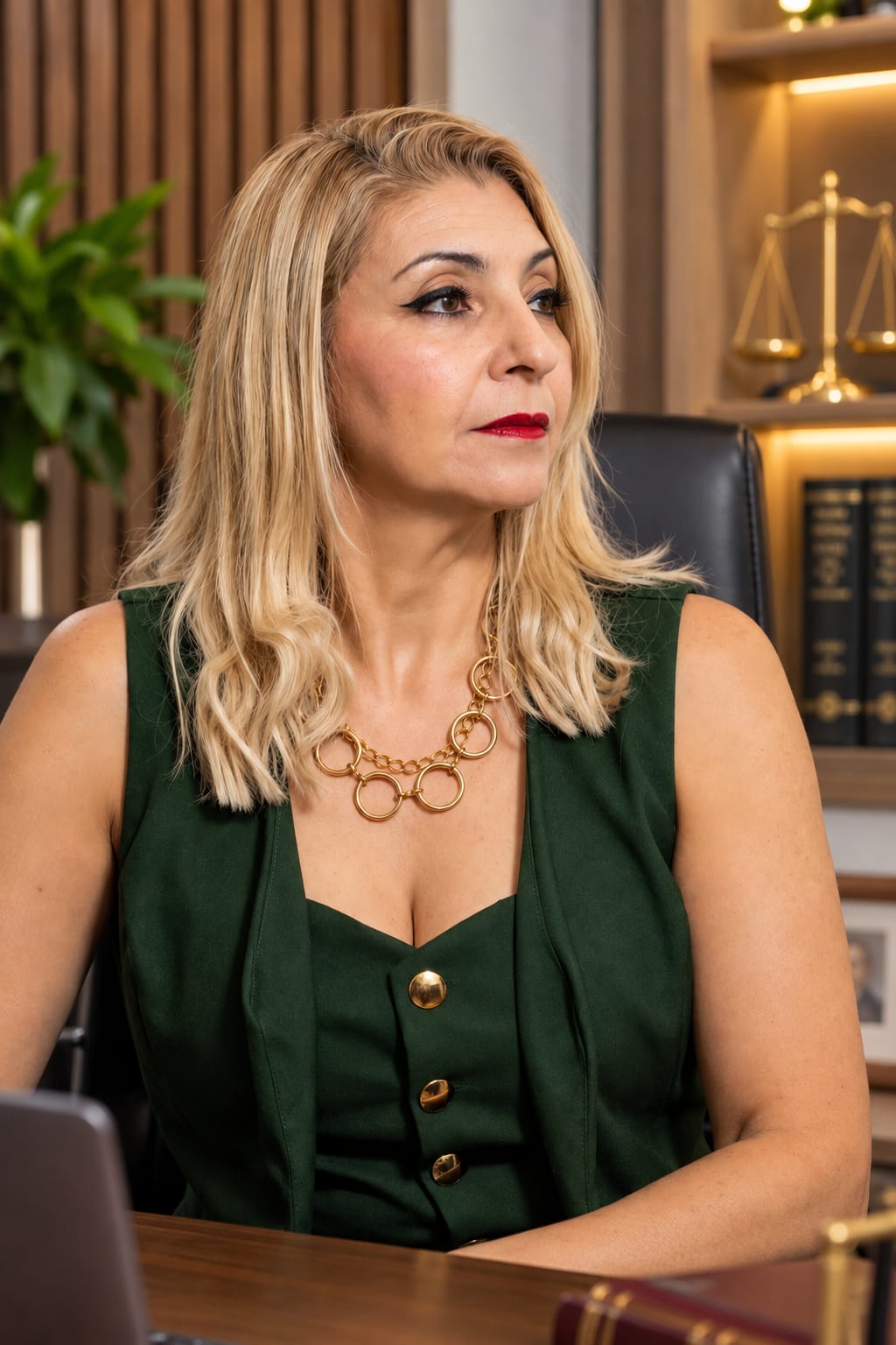 Retrato profissional da Dra. Sara Santos em ambiente de escritório